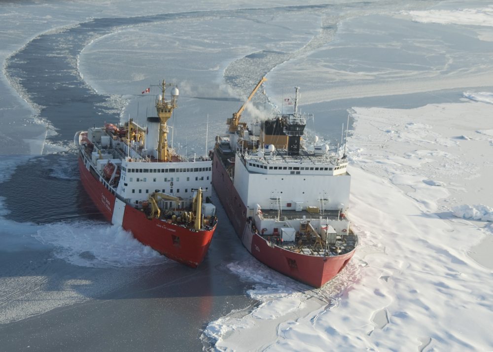 The Canadian Guard Ship Louis S. St-Laurent maneuvers into position to moor up with the U.S. Coast Guard Cutter Healy during a cooperative science mission to the Arctic Ocean between the U.S. and Canada, Sept. 25, 2008. (Petty Officer 3rd Class Michael Anderson/U.S. Coast Guard)