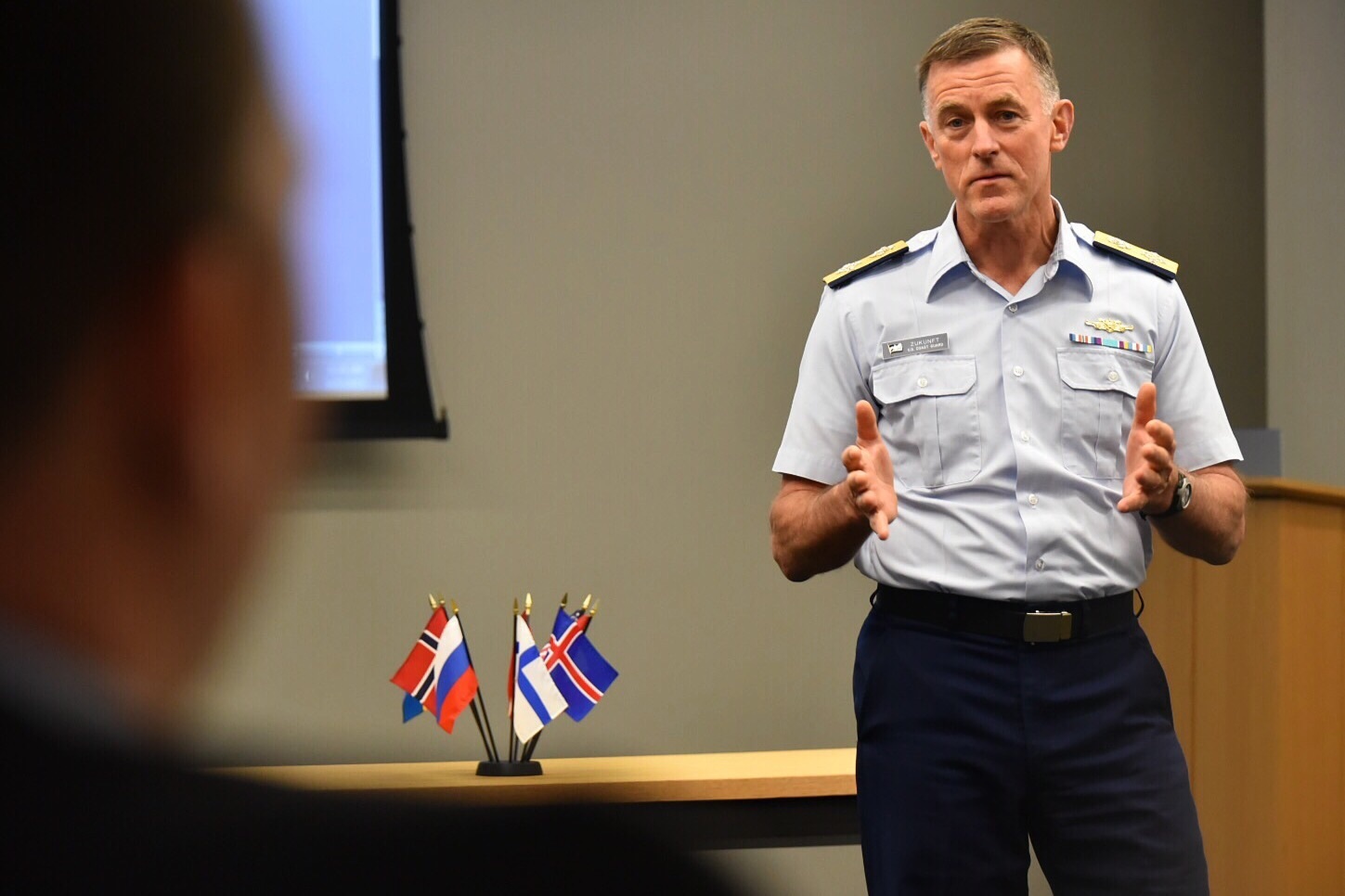 U.S. Coast Guard Commandant Adm. Paul Zukunft speaks during the Arctic Coast Guard Forum (ACGF), a cooperative initiative between nations with shared maritime interests in the Arctic, at U.S. Coast Guard Headquarters in Washington, March 25, 2015. (Petty Officer 2nd Class Patrick Kelley/U.S. Coast Guard)