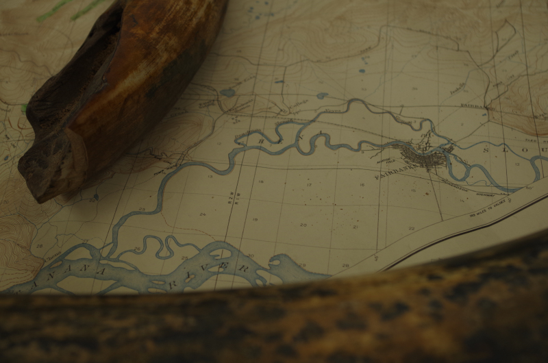 Fairbanks on the map -a bit different than Reeves’ personal geography of the city – and some mammoth tusks. (Mia Bennett)