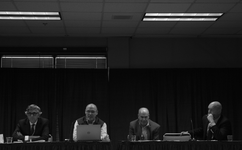 Oil industry and regional corporation executives discuss oil spill prevention, preparedness and response at the Arctic Energy Summit, September 29, 2015, in Fairbanks, Alaska. From L-R: Robert Blaauw, Shell’s Arctic Program Director and Chair of the ART JIP’s Arctic Committee; Richard Glenn, Executive VP of the Arctic Slope Regional Corporation and member of the National Petroleum Council; Mitch Winkler, Head of Shell’s Arctic Technology Program; James Hall, Chairman of ART JIP, Exxon Mobil. (Mia Bennett)
