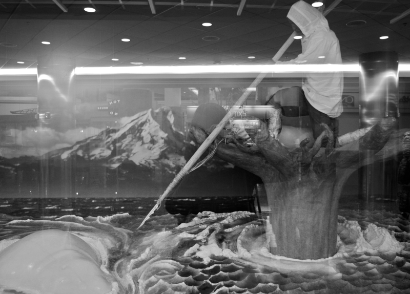 The display of the yuyqil, a 19th-century Dena’ina Athabascan technology in Southcentral Alaska, at Anchorage’s Ted Stevens International Airport. (Mia Bennett)