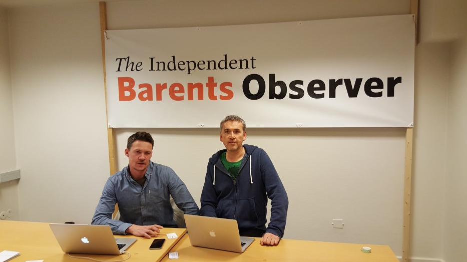 Journalist Atle Staalesen (left) and editor Thomas Nilsen (right) in the office of the Independent Barents Observer, the new crowd-funded news site they set up to cover the Barents Arctic. (Courtesy the Independent Barents Observer)