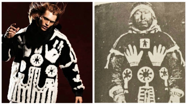 KTZ has apologized for using a sacred Inuit design in their high-end sweater. (Kieran Oudshoorn/KTZ website & from book Northern Voices/CBC)