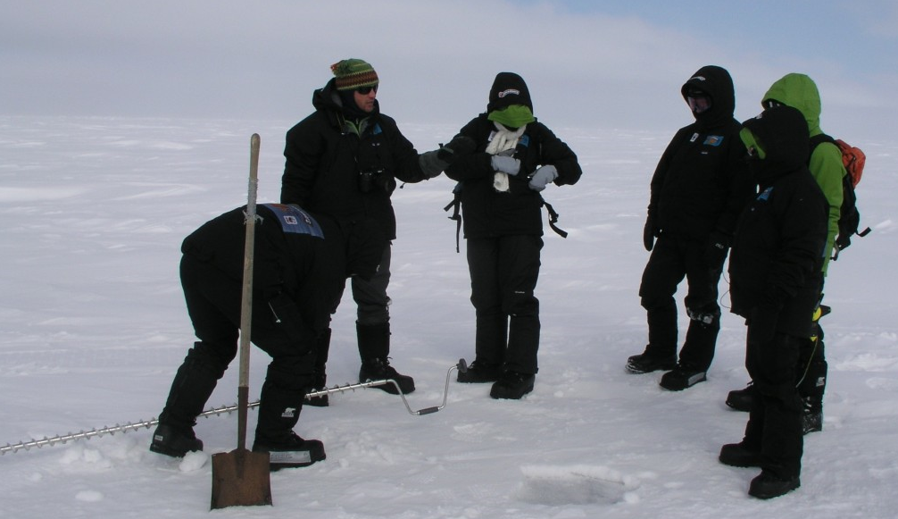 Marc Cornelissen on the sea ice at Barrow, Alaska, with CCC students, in 2008. (Irene Quaile)