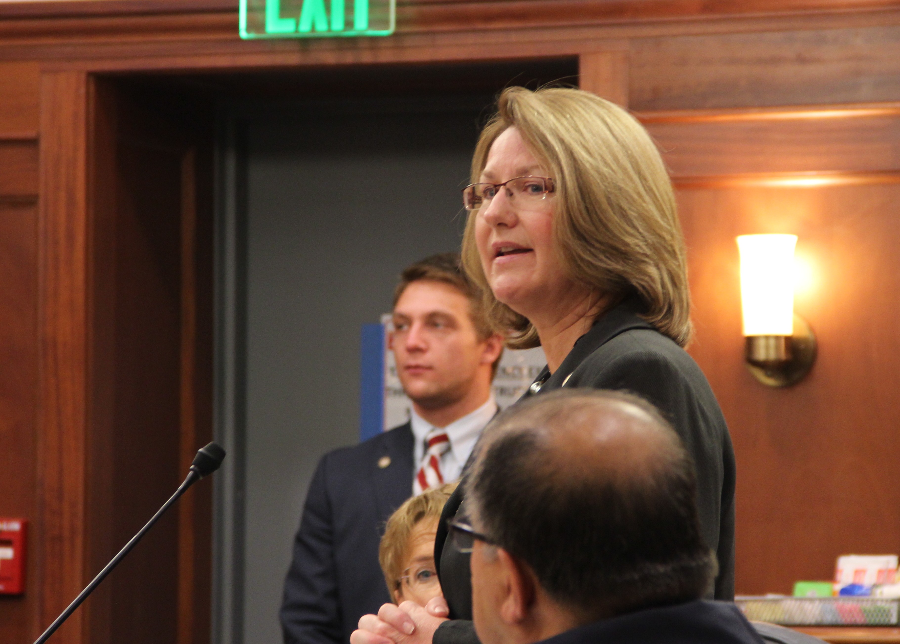 Alaska Senate Finance co-chair Anna MacKinnon (R-Eagle River) guided the bill through the Senate. She spoke on the Senate floor immediately before the vote. (Rachel Waldholz/APRN)