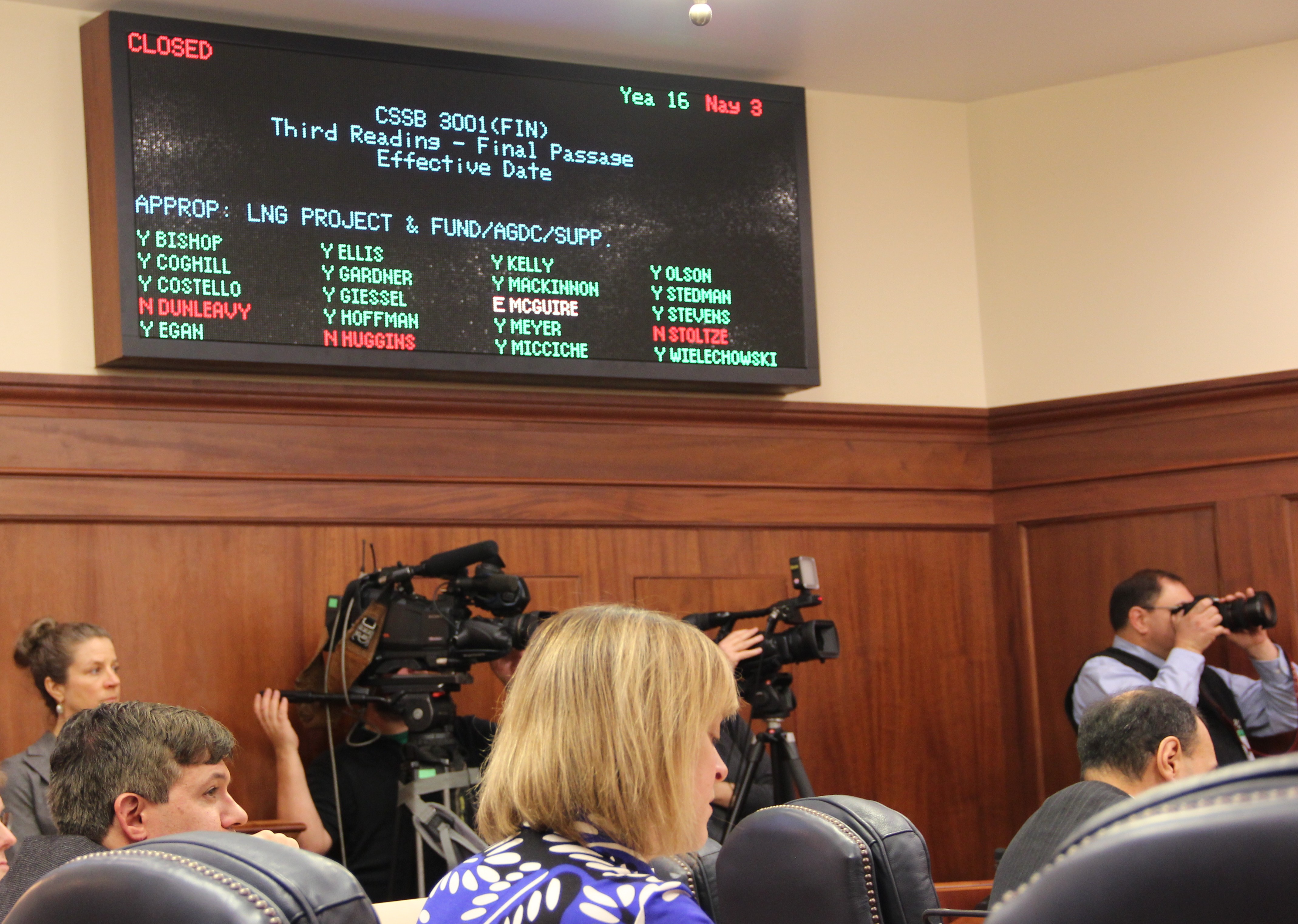 The State Senate voted 19-3 to buy out TransCanada on Nov. 3, 2015. Republican senators Mike Dunleavy and Charlie Huggins of Wasilla and Bill Stoltze of Chugiak voted no. (Rachel Waldholz/APRN)