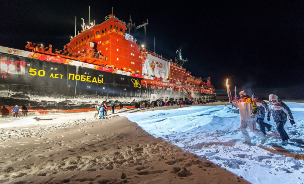 Russia's nuclear-powered icebreaker 50 Let Pobedy, pictured here in 2013 when the Olympic torch was brought to the North Pole. It set a record by sailing from Murmansk to the North Pole in just 4.5 days. (Sergei Dolya/AP)