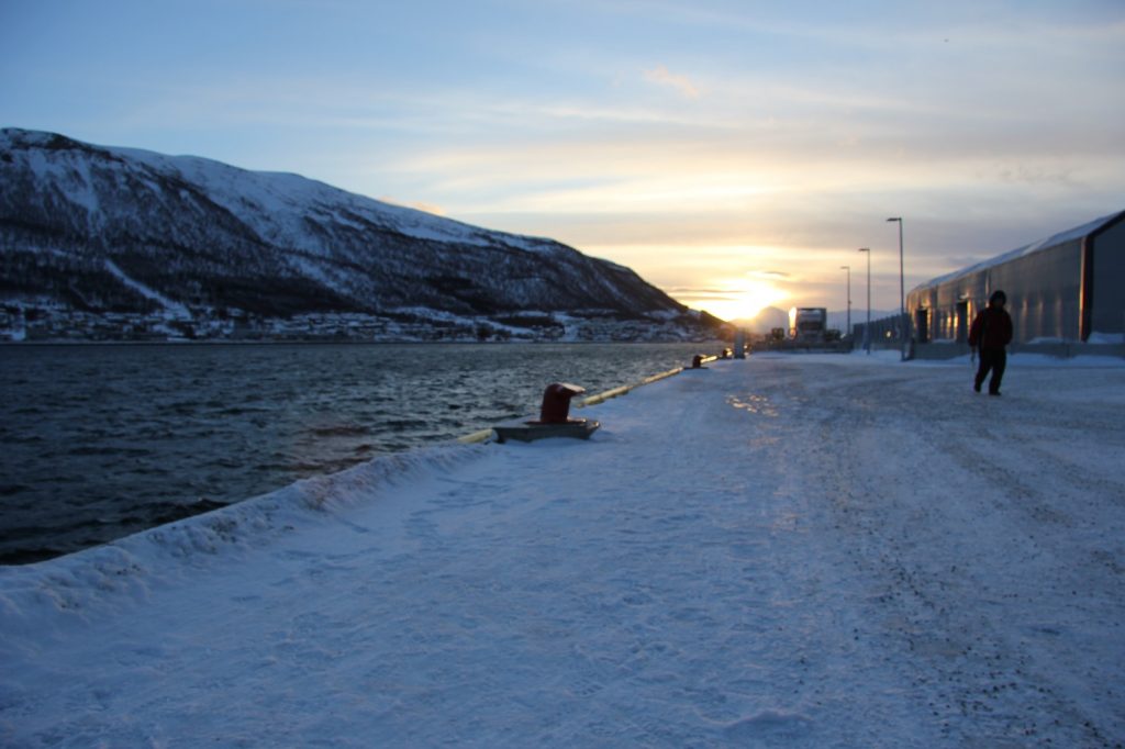 The sun goes down on the port in Tromso, Norway in 2016. (Eilís Quinn/Eye on the Arctic)