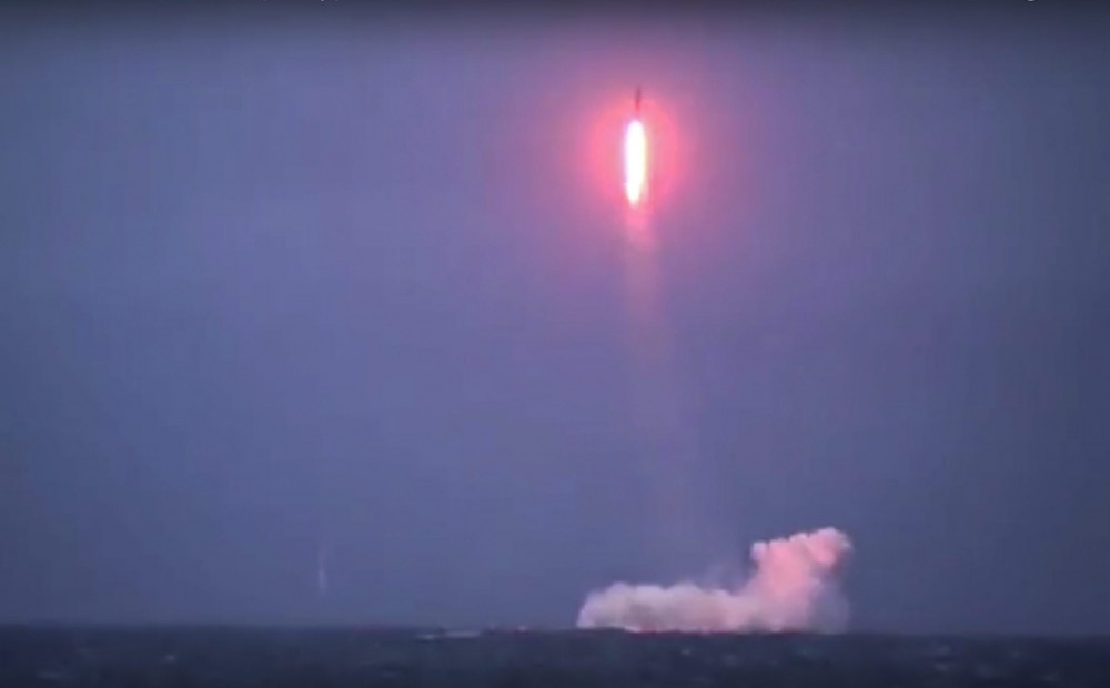 In this undated photo made from the footage taken from Russian Defense Ministry official web site and released on Saturday, Dec. 12, 2015, the Russian navy test-fires a Sineva intercontinental ballistic missile from the Verkhoturye nuclear submarine somewhere in the Barents Sea. (Russian Defense Ministry Press Service photo via AP)