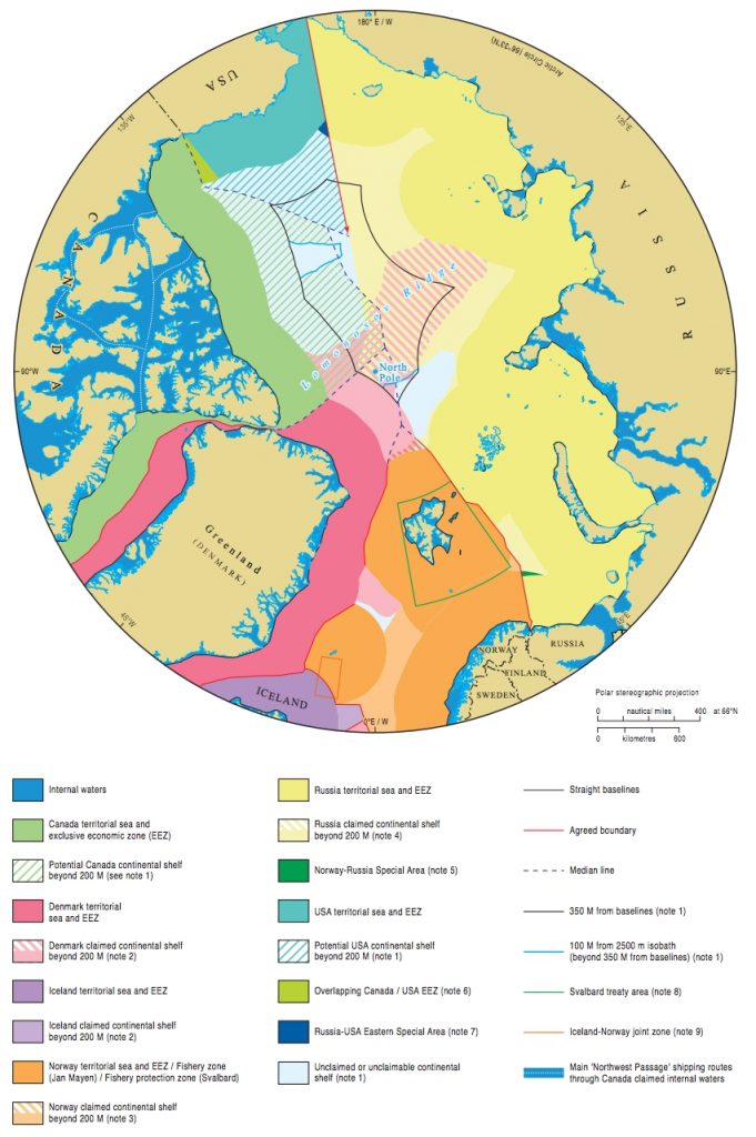 Maritime jurisdiction and boundaries in the Arctic region. Source: IBRU: Centre for Borders Research