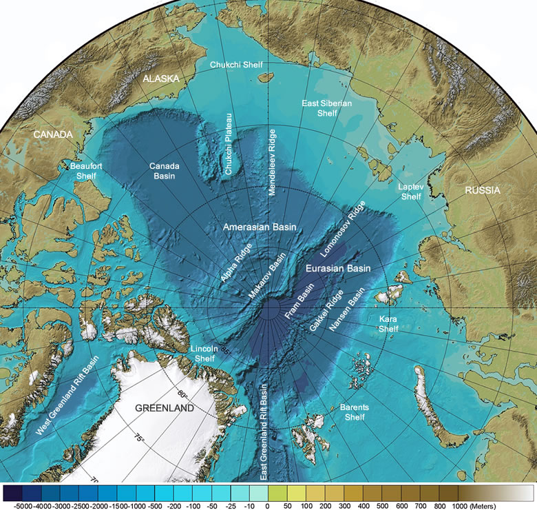 Arctic Ocean seafloor features map major basins, ridges, shelves and bathymetry. Source: geology.com