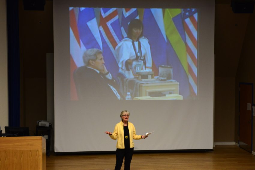 Fran Ulmer welcomes viewers to a live-stream showing of the Arctic Council meeting held in Iqaluit, Canada, on April 24, 2015, at UAA. (Erik Hill / ADN)