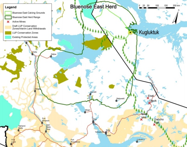 The Bluenose East caribou range (dark green circle) extends to N.W.T.'s Dene communities of Deline, Gameti and Wekweeti, but the calving grounds (light green circle) lie entirely on the Nunavut side of the border. (GNWT-ENR)