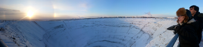 The Mir mine, the world’s deepest diamond mining pit, and a sun dog. (Mia Bennett)