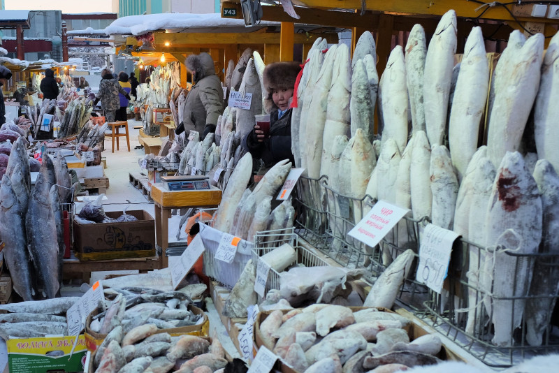 A vendor selling fish frozen at attention. (Mia Bennett)