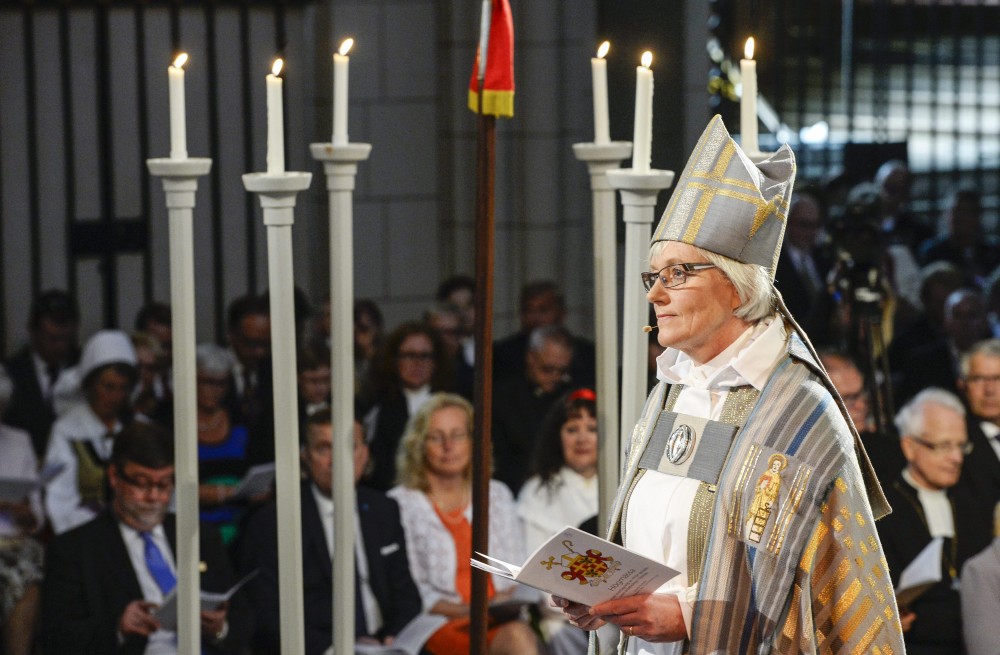 Antje Jackelen, the first female archbishop in the Church of Sweden, is pictured during the installation mass at the Uppsala Cathedral in Uppsala June 15, 2014. Pontus Lundahl/REUTERS/TT News Agency 