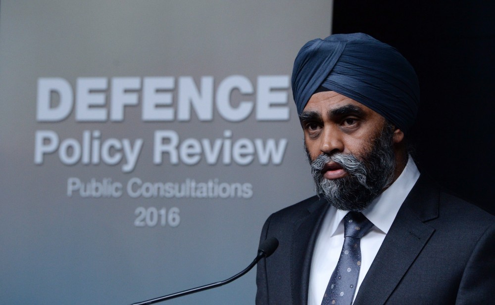 Defence Minister Harjit Sajjan holds a press conference at National Defence Headquarters in Ottawa on Wednesday, April 6, 2016, to discuss open and transparent public consultations on Canada's defence policy. Sean Kilpatrick/THE CANADIAN PRESS