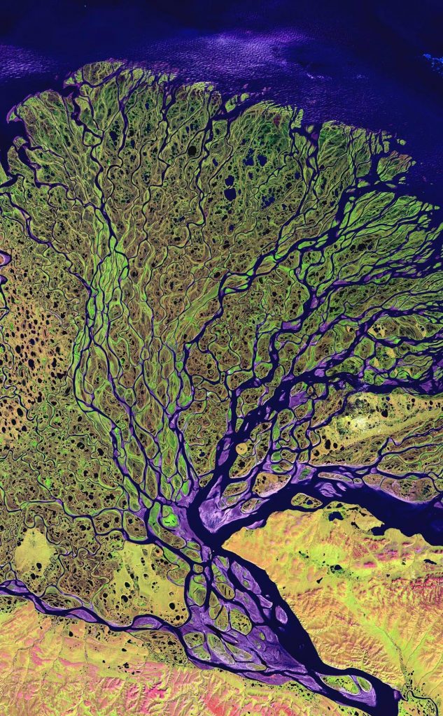 This undated image provided by the Smithsonian Institution shows The Lena River flowing through Russian Siberia to the Arctic ocean, as the river enters the Laptev Sea , and is part of an exhibit at the National Air and Space Museum in Washington entitled: Earth from Space. AP Photo/Smithsonian