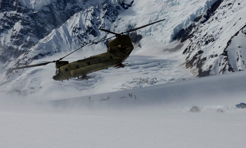 Fort Wainwright Army soldiers haul supplies for the National Park Service Denali mountaineering camp up to the Kahiltna Glacier as the climbing season starts on Sunday. Bob Hallinen / ADN