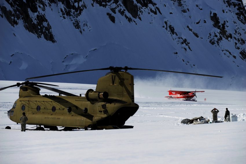 Army soldiers from Fort Wainwright drop off supplies for the National Park Service Denali mountaineering camp up to the Kahiltna Glacier as the climbing season gets underway Sunday. Bob Hallinen / ADN