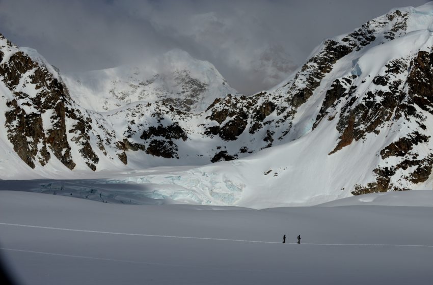 Climbers go for a ski near the National Park Service Denali mountaineering camp on Sunday as the climbing season gets underway on Kahiltna Glacier. Bob Hallinen / ADN