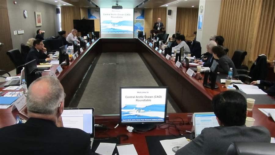 Participants listen to a presentation at the Korean Polar Research Institute’s roundtable on an international fisheries accord. Henry Huntington/The Pew Charitable Trusts