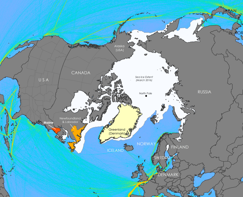 Maine: Only a hop, skip, and jump away from the North Pole. In yellow and green are shipping routes. It is clear that while Maine is not close to any single dense shipping route like Alaska and the North Pacific Great Circle route, it is instead near a wide variety of trans-Atlantic routes.