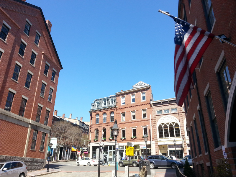 Looking up towards Exchange Street in Portland, Maine’s Old Port District.