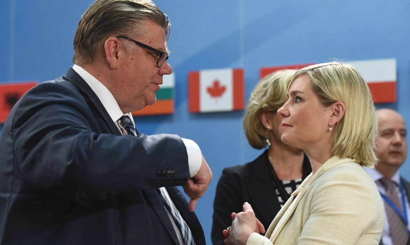 It's important to keep lines of communication open with Russia despite sanctions, said Iceland's foreign minister Lilja Alfredsdottir (right), pictured above with Finnish foreign minister Timo Soini during a foreign ministers meeting at the NATO headquarters in Brussels on May 20, 2016. (John Thys/AFP/Getty Images)