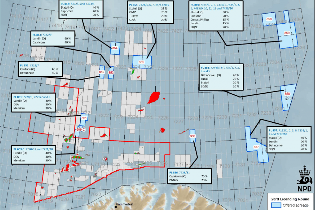 The license PL858 is located directly along the border with Russia and will be operated by Norwegian company Det Norske (40%) along with Lukoil (20%), Statoil (20%) and SDØE (20%). (Norwegian Petroleum Directorate)