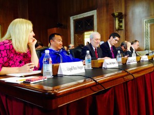 BOEM director Abigail Ross Hopper and Wainwright Mayor John Hopson prepare to testify before the Senate Energy Committee. (Liz Ruskin/APRN)