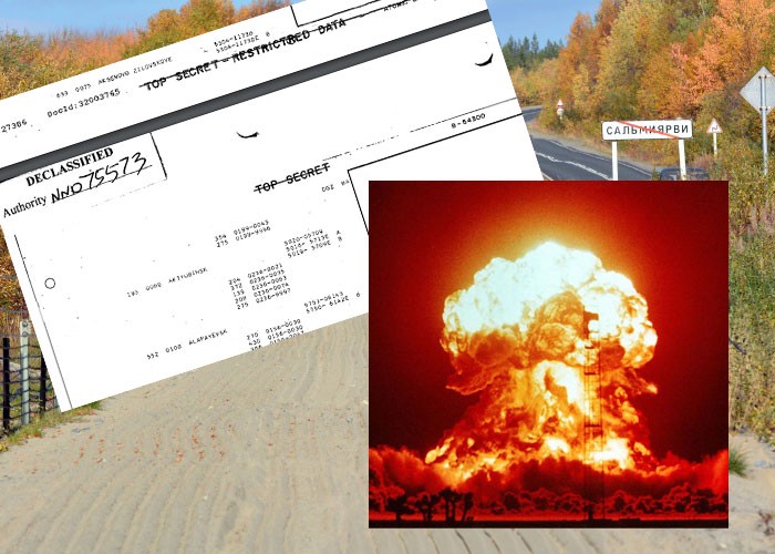 Photomontage. Background photo of Salmijervi (Thomas Nilsen/The Independent Barents Observer); Nuke detonation. (Courtesy of National Nuclear Security Administration)