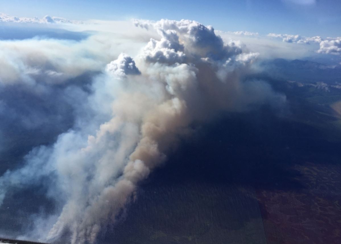 The smoke plume from the Medfra fire as seen on Monday. (Robert McCormick/Alaska Fire Service)