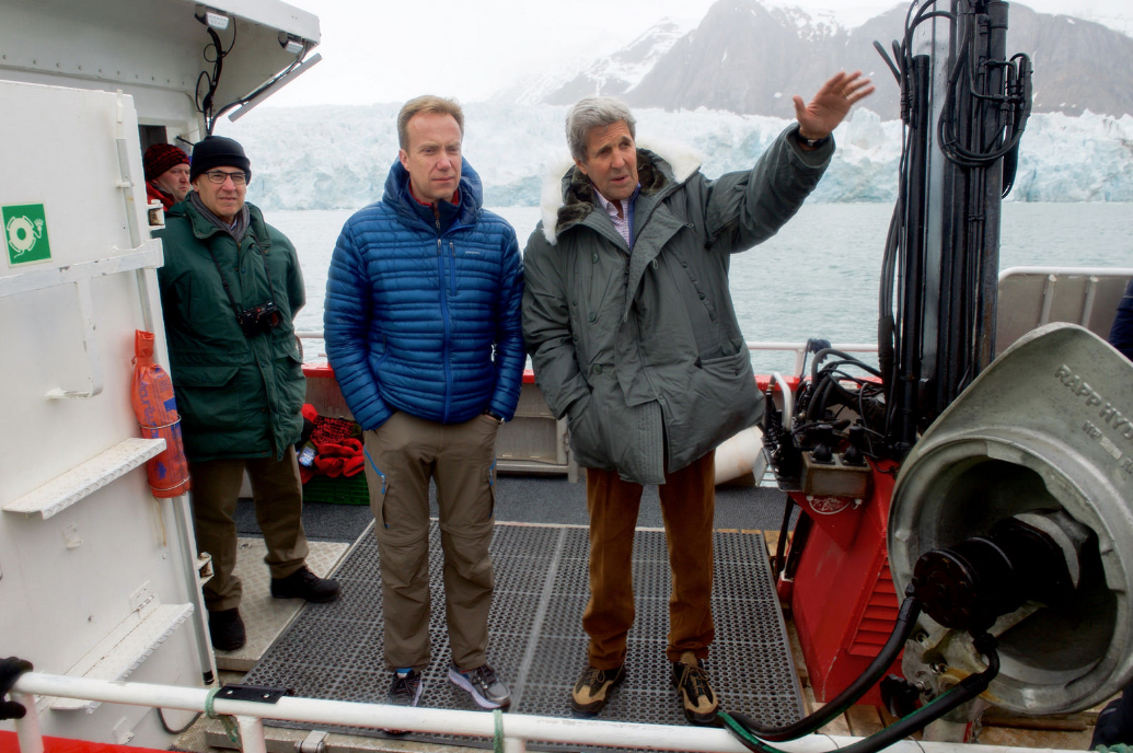 U.S. Secretary of State John Kerry with Norway's Minister of Foreign Affairs Borge Brende in the Arctic archipelago of Norway. Kerry travelled to the region this week to see the effects climate change was having on the Arctic. (U.S. Department of State)