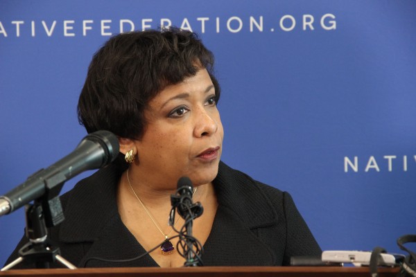 U.S. Attorney General Loretta Lynch spoke to reporters on June 10, 2016, as she rolled out a new Department of Justice focus on Alaska Native issues. (Rachel Waldholz/Alaska Public Radio Network)