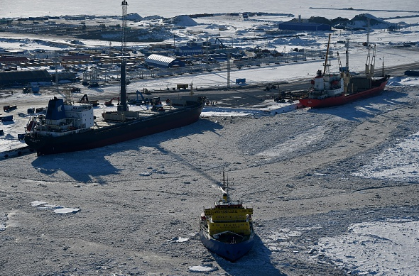 A picture taken on April 16, 2015 shows a general view of the port of Sabetta in the Kara Sea shore line on the Yamal Peninsula in the Arctic circle, some 2450 km from Moscow. The Yamal LNG project aims to extract and liquefy gas from the Yuzhno-Tambeyskoye gas field. (Kirill Kudryavtsev/AFP/Getty Images)