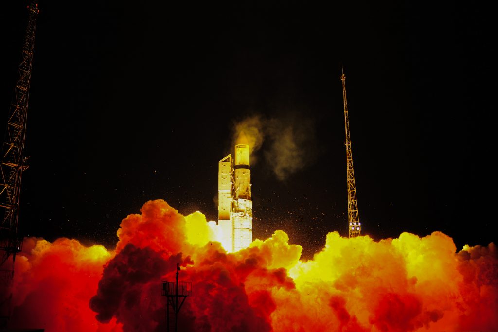 A Rokot launch vehicle lifts of the Sentinel-3A satellite from the Plesetsk cosmodrome in northern Russia on Feb. 16, 2016. (Stephane Corvaja/European Space Agency)