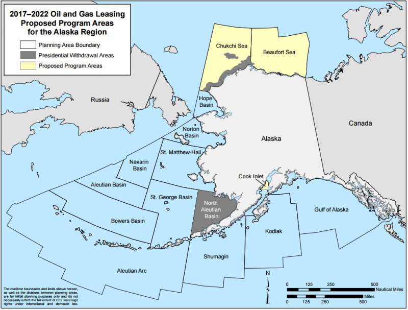 This map shows the Bureau of Ocean Energy Management's outer continental shelf oil and gas leasing areas, with the Chukchi and Beaufort seas highlighted. Credit: Bureau of Ocean Energy Management