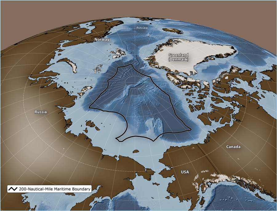 The black line indicates the extent of the 200 nautical mile exclusive economic zone (EEZ) boundary of Arctic nations. These vast areas in the central Arctic Ocean are currently "unregulated" as far as a potential commercial fishery is concerned. (Oceans North-Pew Charitable Trusts)