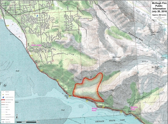 This map shows the McHugh Creek wildfire burn area estimated at approximately 842 acres on Wednesday afternoon, July 20, 2016.