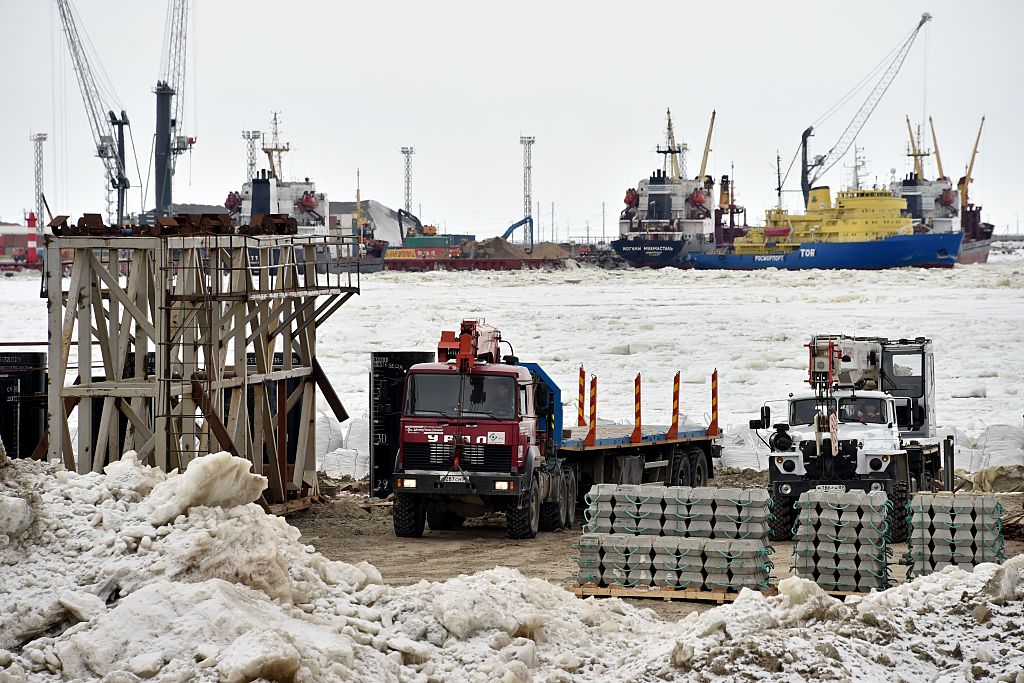 A picture taken on May 5, 2016 shows the construction site of the port of Sabetta in the Kara Sea shore line on the Yamal Peninsula in the Arctic circle. Yamal LNG -- which is set to be launched in 2017 -- is a liquefied natural gas plant with a planned capacity of 16.5 million tonnes per year and is valued at $27 billion. (KIRILL KUDRYAVTSEV/AFP/Getty Images)