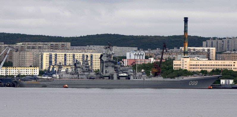 Heavy missile cruiser "Pyotr Velikiy" is Russia's only nuclear-powered surface vessel, pictured above at port in Severomorsk, Russia. (Thomas Nilsen/The Independent Barents Observer)