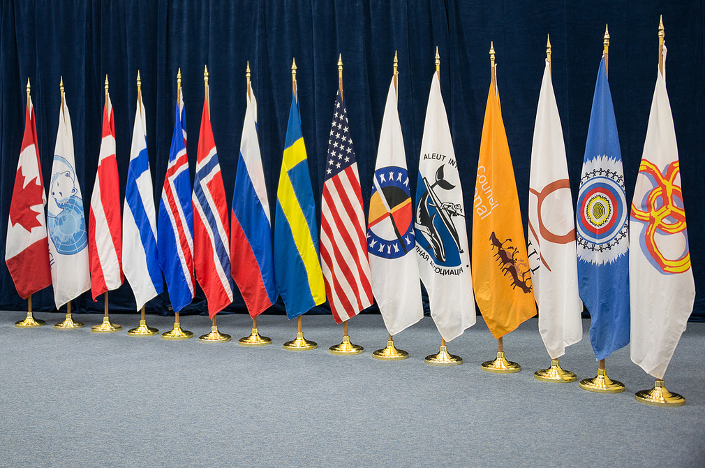 The flags of the Arctic Council Member States and Permanent Participants (Indigenous peoples' organizations). (Linnea Nordström/Arctic Council Secretariat)