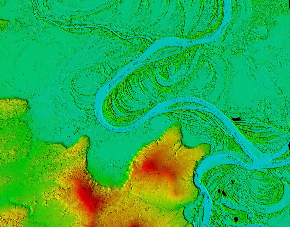 The winding Koyukuk River in Western Alaska is a 425 mile-long tributary of the Yukon River. The digital elevation models show the unique boreal forest vegetation patterns that surround the river region in greater detail than ever before, bringing the unique Arctic landscape into focus. (NGA)