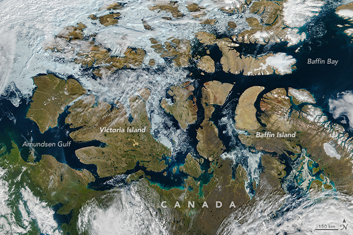 The Visible Infrared Imaging Radiometer Suite (VIIRS) on the Suomi NPP satellite captured this image of the Northwest Passage on August 9, 2016. A path of open water can be traced almost the entire distance from the Amundsen Gulf to Baffin Bay, encountering a scattering of broken ice just east of Victoria Island. (NASA Earth Observatory)