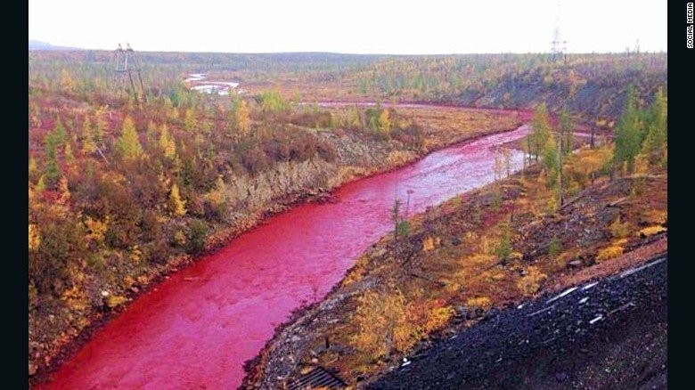 Daldykan river turned red after a tailings pond spillover from Norilsk-Nickel's Nadezhda plant. (Screenshot from Instagram basalyga_katerina_nl)