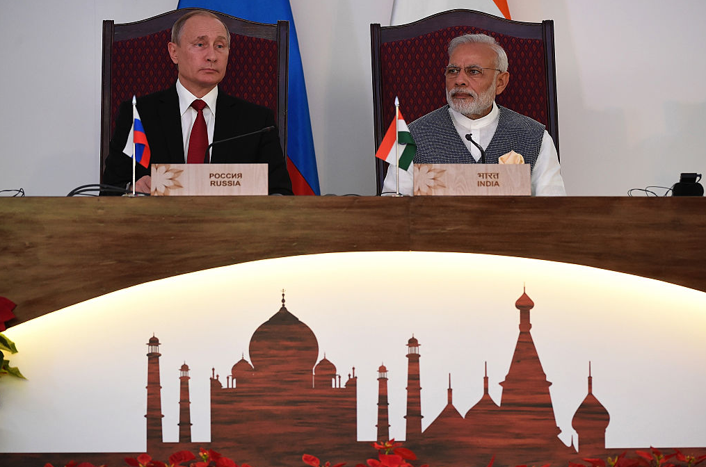 Russia's President Vladimir Putin (L) and Prime Minister Narendra Modi at the Indo-Russia Annual Summit at Taj Exotica hotel in Goa on October 15, 2016. Modi and Putin have signed lucrative defence and energy pacts following talks aimed at reinvigorating ties between the former Cold-War allies. (Prakash Singh/AFP/Getty Images)