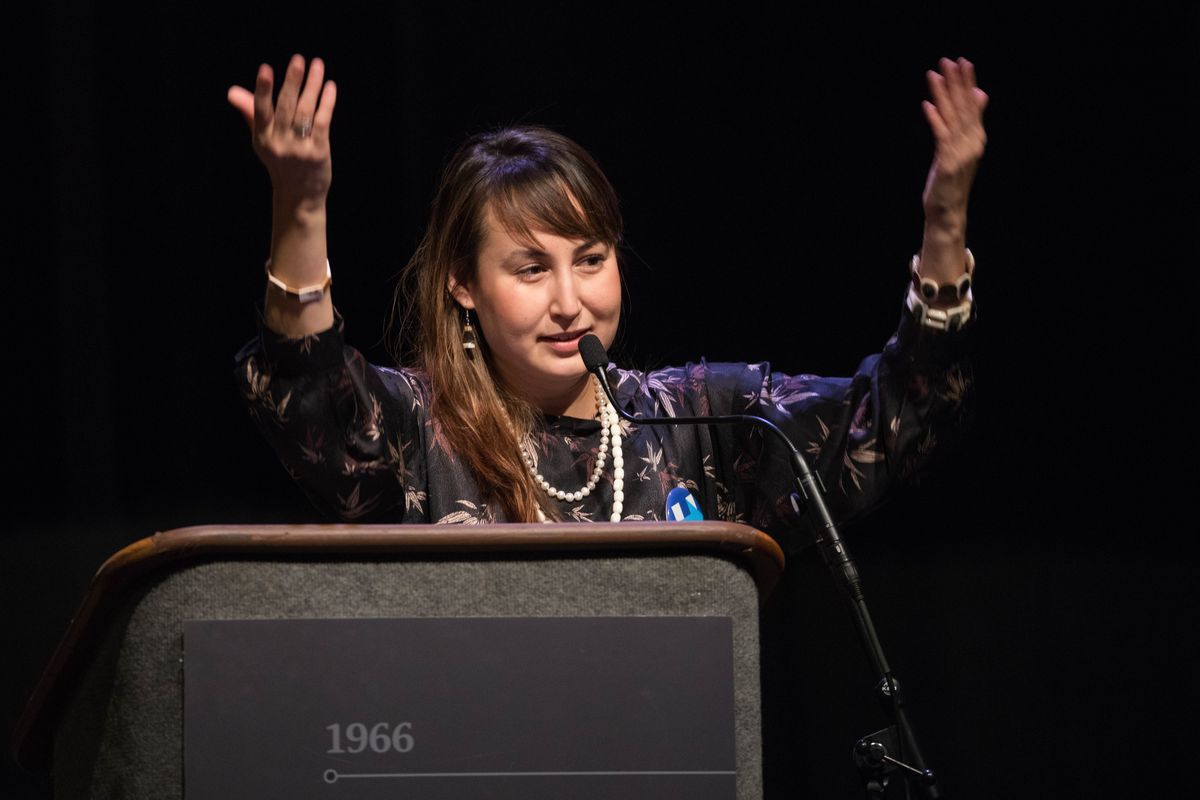 Megan Alvanna-Stimpfle delivers the emerging leader keynote address on the first day of the Alaska Federation of Natives convention in Fairbanks on Thursday. (Loren Holmes / Alaska Dispatch News)