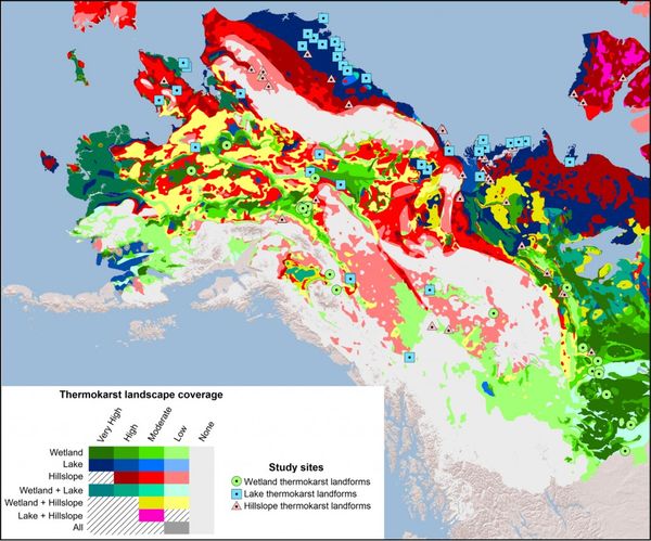 Map showing areas of Alaska and Canada and the likely thermokarst landform they will develop as the climate changes. (University of Alaska Fairbanks)