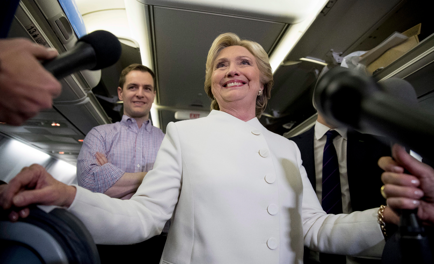 Democratic presidential candidate Hillary Clinton on her campaign plane following the third presidential debate in Las Vegas on October 19, 2016. (Andrew Harnik/AP)